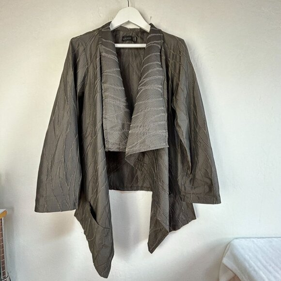 Luukaa Textured Jacket Women’s 18 Gray Asymmetrical Draped Open Front Lagenlook - Picture 1 of 7